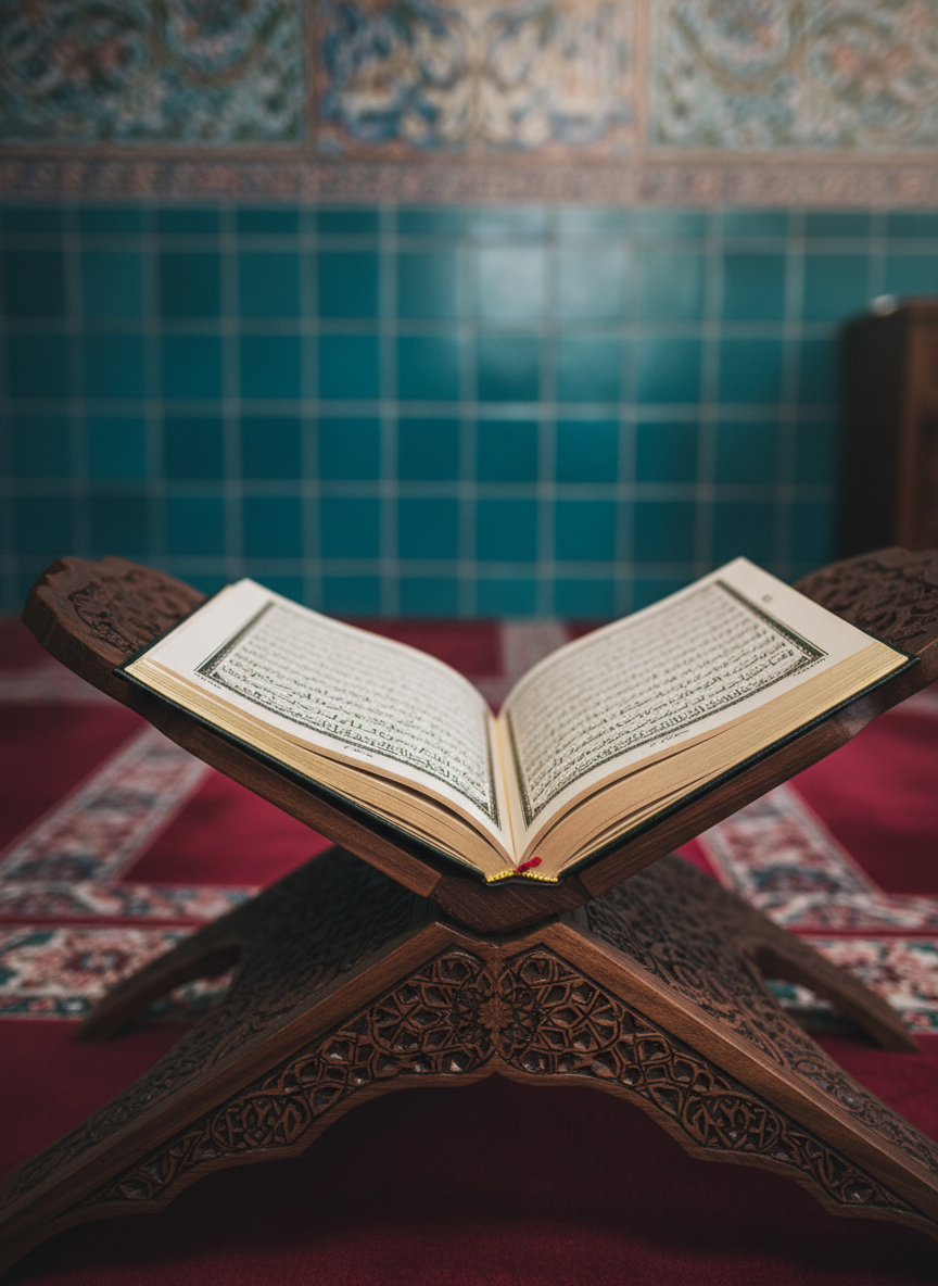 A close-up, photographic realism image of an ornate Qur’an stand made of dark polished walnut, intricately carved with traditional Ottoman arabesque patterns and delicate geometric motifs. An open Qur’an with gilded edges and finely printed Arabic calligraphy rests on the stand, its creamy pages slightly curved. The setting is a quiet mosque interior featuring richly patterned turquoise and cobalt-blue Iznik tiles along the softly blurred background wall and a deep red carpet with subtle motifs. Gentle afternoon light filters in from an unseen window, casting soft highlights on the wood grain and golden ink. Captured at eye level with a shallow depth of field, the mood is serene, contemplative, and respectfully devotional.