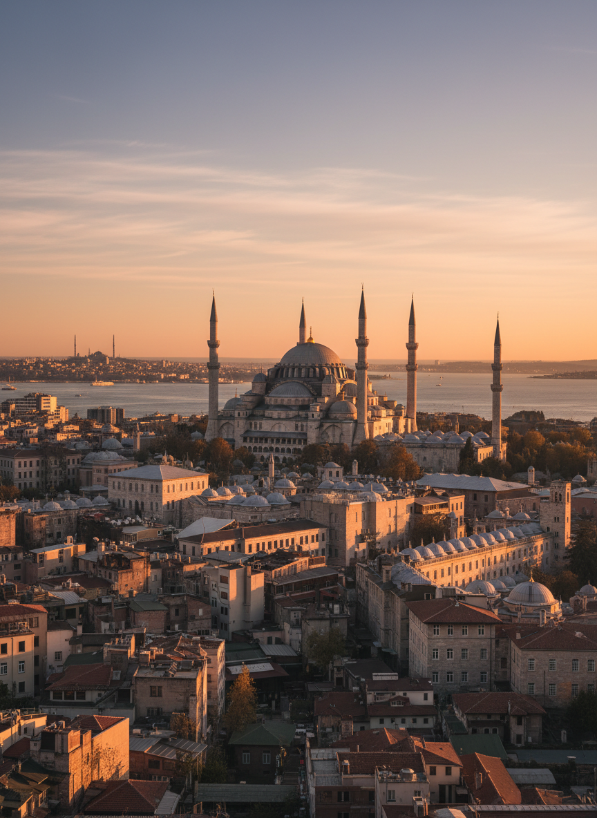 A detailed, panoramic photographic scene of Istanbul’s historic peninsula at golden hour, captured without any people. The main focus is the elegant silhouette of a grand mosque with multiple slender minarets and a large central dome clad in pale lead-grey, rising above a tapestry of terracotta rooftops. Sunlight bathes the domes and surrounding stone buildings in warm amber tones, while the Bosphorus glimmers softly in the distance. Thin wisps of clouds streak a clear sky. Shot from an elevated vantage point with sharp focus throughout, the composition follows the rule of thirds, creating a calm, majestic atmosphere that suggests spiritual heritage and timeless Islamic history in Türkiye.