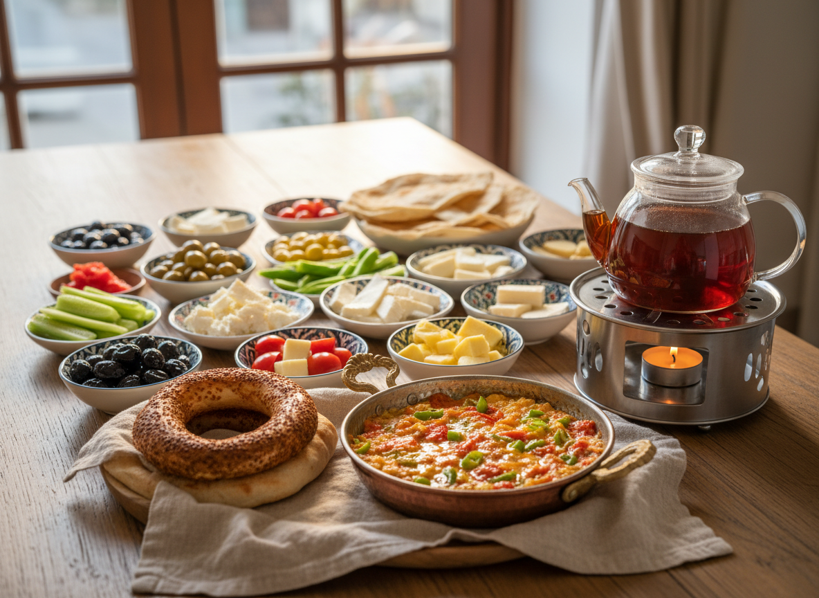 A photographic realism image of a meticulously arranged Turkish breakfast tailored for halal-conscious travelers, displayed without any people. On a long, rustic wooden table set near a large window, small ceramic plates hold glossy black and green olives, sliced cucumbers, ripe tomatoes, and assorted white and yellow cheeses. A central copper pan contains perfectly cooked menemen with visible flecks of green pepper and tomato. Freshly baked simit and flatbread are wrapped in a linen cloth, alongside a clear glass teapot of amber-black Turkish tea on a metal warmer. Soft morning sunlight streams across the table, creating gentle highlights on the olive oil sheen and copper surfaces. Shot from a slightly elevated angle with selective focus, the mood is warm, inviting, and authentically Turkish.