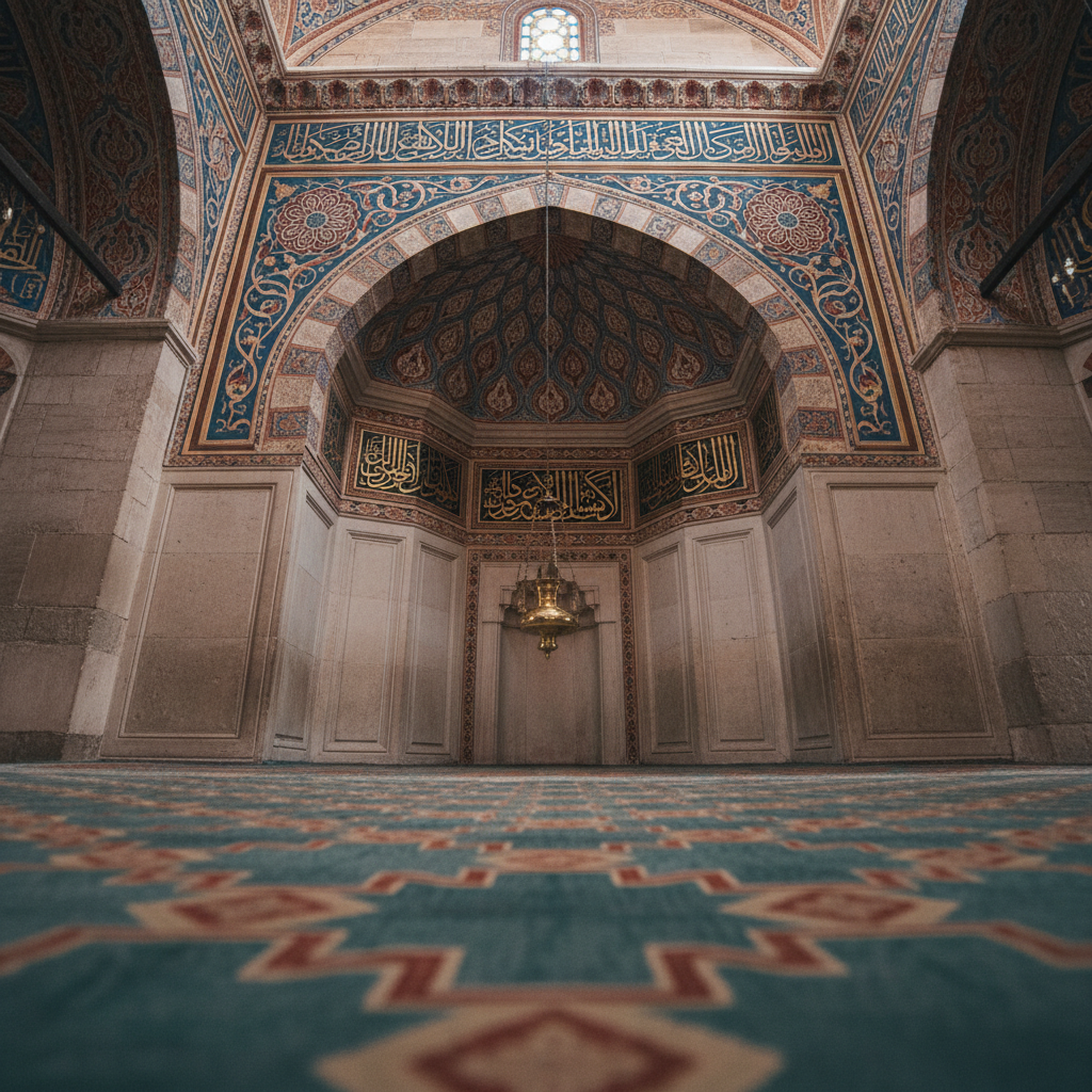 A photographic realism close-up of a beautifully detailed section of a historic Ottoman mosque interior in Türkiye, with no people. The focus is on a soaring stone arch intricately painted in deep blues, rich reds, and gold, featuring symmetrical arabesque patterns and Quranic calligraphy bands. Beneath the arch, a polished brass mihrab lamp hangs from a delicate chain, its surface reflecting subtle highlights. The background shows a softly blurred carpet of repeating geometric motifs in teal and rust tones. Gentle, filtered daylight from high clerestory windows bathes the architecture in a soft glow, emphasizing textures in stone and paint. Shot from a low angle upward, the composition feels awe-inspiring yet intimate, highlighting the sacred artistry central to Islamic history tours in Türkiye.