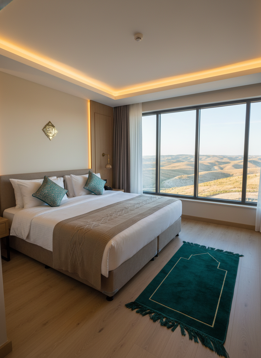 A photographic realism interior of a luxurious halal-friendly boutique hotel room in Türkiye, shown without people. The centerpiece is a large, neatly made king bed with crisp white linens, a soft taupe throw, and embroidered cushions in muted teal and gold inspired by Ottoman patterns. A discreet prayer mat in deep emerald lies carefully aligned toward a small, elegant qibla indicator on the wall. Floor-to-ceiling windows reveal a distant view of rolling Anatolian hills under a clear sky. Warm, indirect LED lighting creates a soft, inviting glow that blends with the late-afternoon natural light. Shot from a corner at a slightly elevated angle, the composition feels spacious, calm, and perfectly suited for private, halal-conscious travel.
