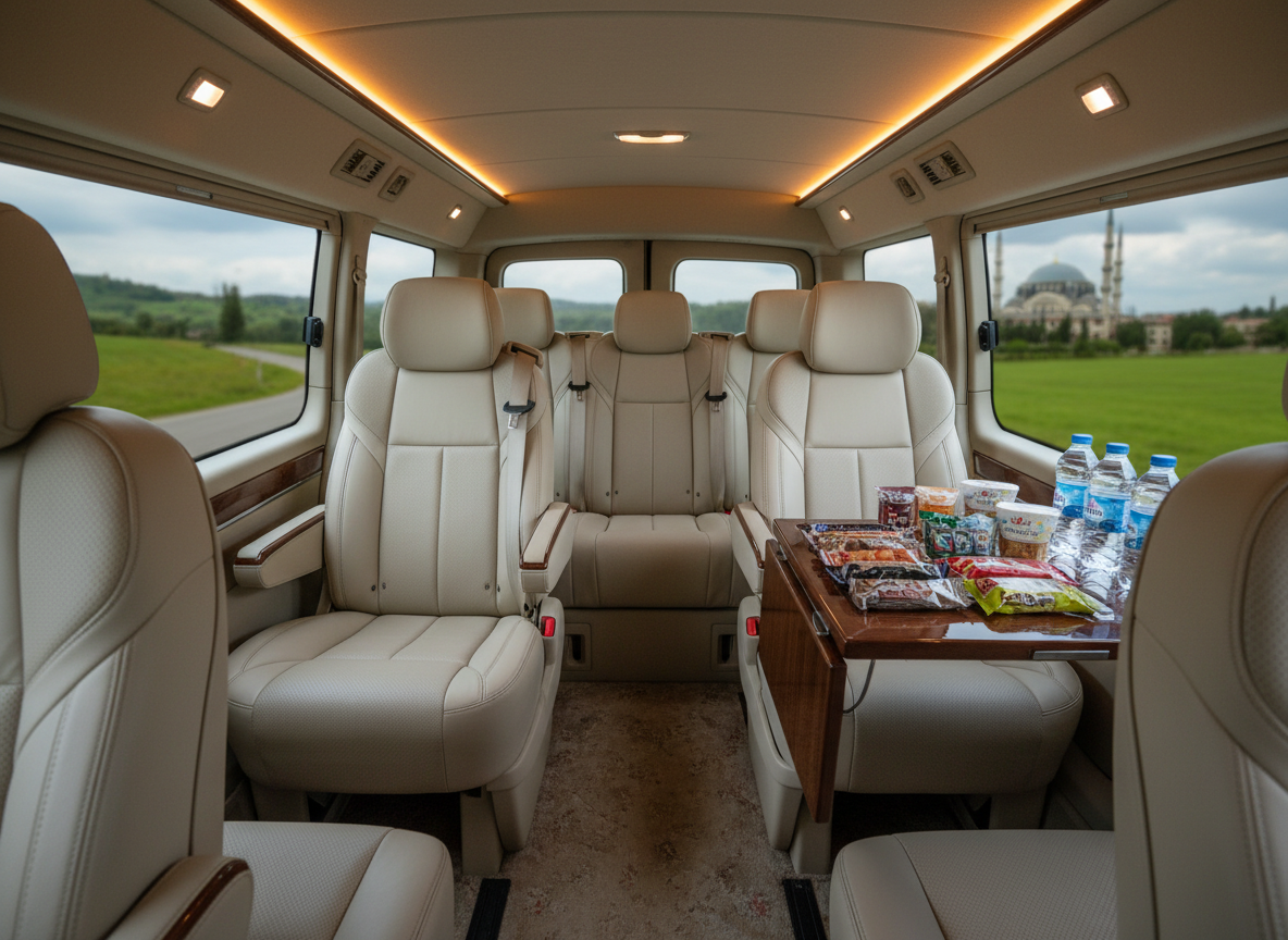 A detailed photographic realism image of a private luxury van set up for halal family touring across Türkiye, shot with no people. The interior features two facing rows of wide, cream leather seats with subtle stitching, polished walnut armrests, and individual reading lights. Between the seats rests a glossy fold-out table holding a neatly arranged selection of sealed halal snacks and bottled water with Arabic and Turkish labels. Discreet overhead LED strips bathe the space in soft, warm light, while daylight filters gently through tinted side windows, revealing a blurred landscape of green hills and a distant mosque dome. Captured from the rear with a wide lens, the composition emphasizes comfort, privacy, and professional, halal-conscious travel service.