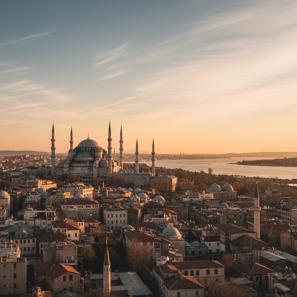 A detailed, panoramic photographic scene of Istanbul’s historic peninsula at golden hour, captured without any people. The main focus is the elegant silhouette of a grand mosque with multiple slender minarets and a large central dome clad in pale lead-grey, rising above a tapestry of terracotta rooftops. Sunlight bathes the domes and surrounding stone buildings in warm amber tones, while the Bosphorus glimmers softly in the distance. Thin wisps of clouds streak a clear sky. Shot from an elevated vantage point with sharp focus throughout, the composition follows the rule of thirds, creating a calm, majestic atmosphere that suggests spiritual heritage and timeless Islamic history in Türkiye.