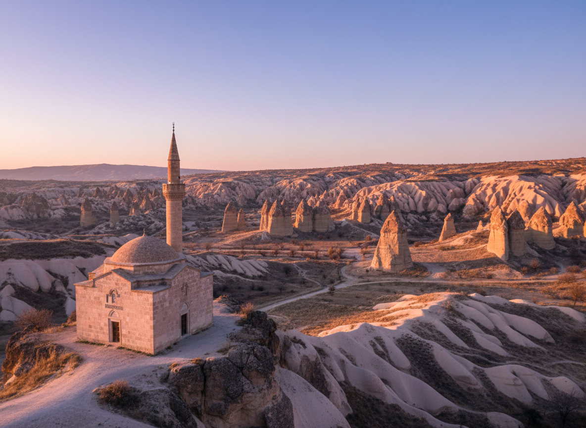 A cinematic, wide-angle photographic view of Cappadocia’s otherworldly landscape at sunrise, presented without any human presence. In the foreground, a small, stone-built masjid with a single slender minaret and a modest dome of pale sandstone stands on a rocky outcrop, its simple façade decorated with subtle geometric carvings. Behind it, sculpted fairy chimneys and soft beige rock formations stretch across the horizon, washed in pastel hues of peach and soft pink by the early sun. The sky is clear with a gentle gradient from lavender to pale blue. The light creates delicate, elongated shadows that emphasize the terrain’s texture. The composition balances the masjid on one side and the dramatic landscape on the other, evoking a tranquil, contemplative mood ideal for spiritual retreat and private Islamic getaways.