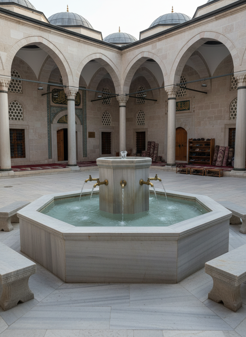 A richly detailed photographic scene of a traditional Turkish courtyard in Bursa, centered on a hexagonal ablution fountain carved from pale marble with subtle veins. Water flows gently from brass taps into shallow basins, creating delicate ripples. Surrounding the fountain, neatly arranged stone benches and low, arched walkways lead to a historic mosque entrance decorated with kufic inscriptions and geometric tiles. Cool, diffused morning light filters into the open-air courtyard, casting soft shadows beneath the arches. A few neatly placed wooden shoe racks and stacked prayer rugs appear near a doorway, all unoccupied. Shot at eye level with moderate depth of field, the atmosphere is peaceful, authentic, and rooted in centuries of Islamic tradition in Türkiye.