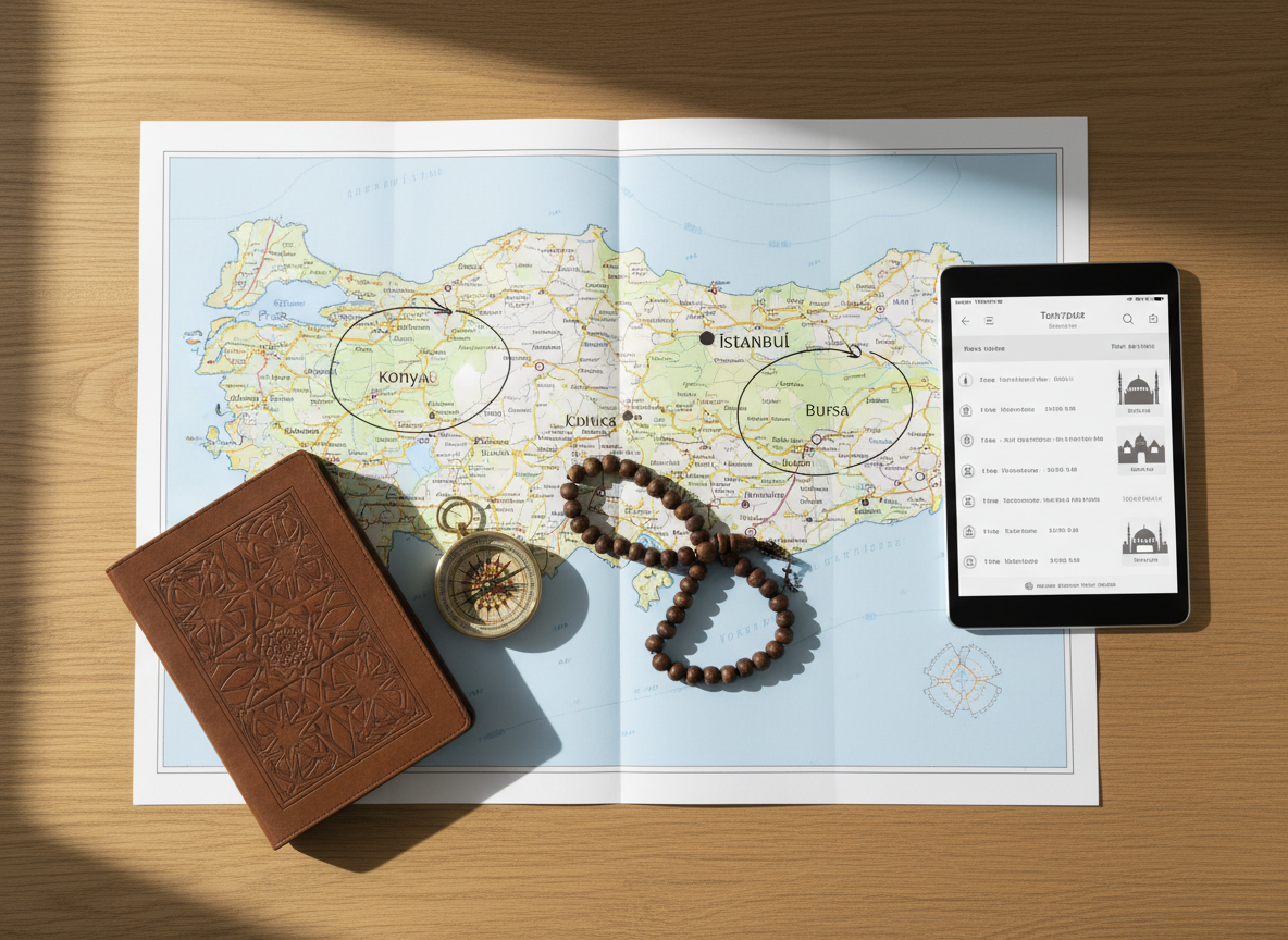 A high-detail, photographic realism shot of an informational travel planner’s desk for Islamic tours in Türkiye, with no people visible. A large, unfolded map of Türkiye dominates a light oak desk, with key Islamic heritage cities like Istanbul, Konya, Bursa, and Edirne neatly circled in fine black ink. Beside it lies a leather-bound itinerary notebook embossed with a subtle geometric pattern, a brass compass, and a string of dark wooden misbaha beads resting gently across the map. A tablet screen displays a clean, modern tour schedule interface with mosque icons marking stops. Soft, diffused daylight from a nearby window illuminates the workspace, producing gentle shadows and a calm, organized atmosphere. Captured from above with sharp focus, the image conveys professionalism, planning, and tailored Islamic travel services.