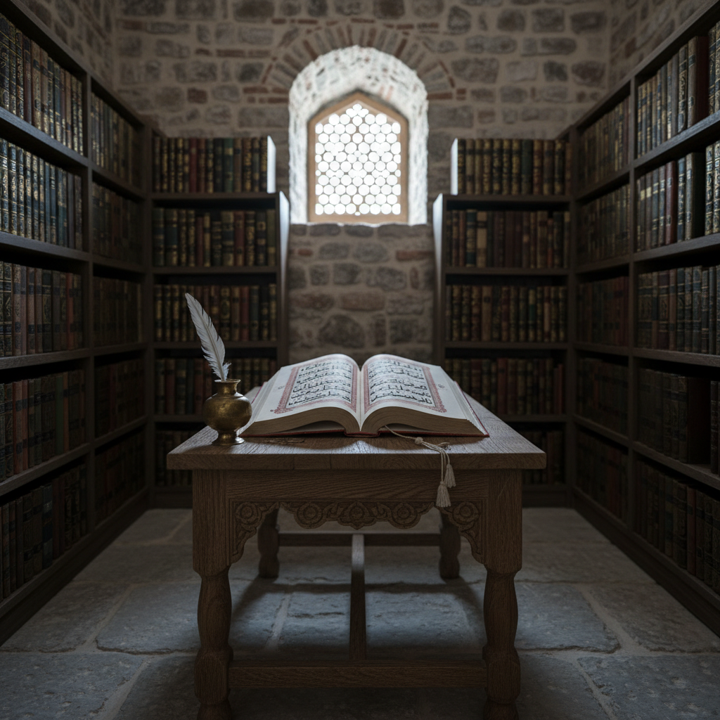 A niche, photographic realism image of a quiet library corner in a historic Turkish madrasa dedicated to Islamic scholarship, shown entirely without people. Wooden shelves made of dark, aged oak line a stone wall, filled with neatly arranged volumes bound in leather tones of brown, burgundy, and deep green, many with embossed gold Arabic titles. A sturdy reading table holds an open, centuries-old manuscript with delicate Arabic script and marginal annotations, alongside a brass inkwell and a simple bookmark tassel. Soft, cool light enters through a small arched window with a modest lattice, casting patterned shadows on the stone floor and table. Captured at eye level with a gentle depth of field, the atmosphere is scholarly, contemplative, and steeped in authentic Islamic intellectual heritage in Türkiye.