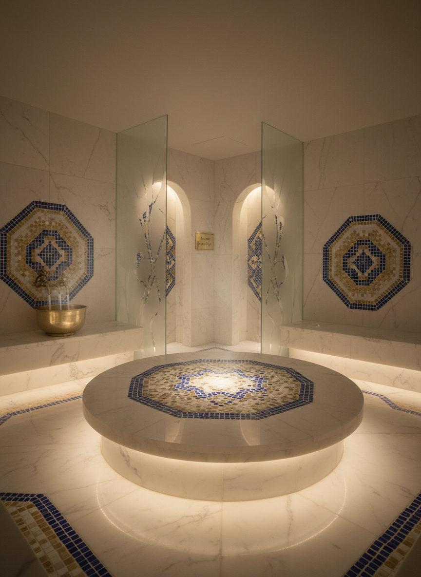 An ultra-luxurious private thermal suite inspired by Turkish hamams, designed for modest, halal-conscious travelers. The room is clad in creamy marble with subtle veining, accented by inlaid geometric mosaic panels in shades of sapphire and sand. A central heated marble platform glows softly under concealed LEDs, while a brass bowl and matching taps rest on a corner basin with delicate steam rising. Frosted glass partitions ensure privacy, and a discreet sign reading “Private Family Use” is mounted near the entrance. Ambient, low-key lighting creates gentle reflections on the stone, evoking warmth and serenity. Framed from a slightly low, wide-angle perspective, the image feels cinematic, intimate, and indulgent.