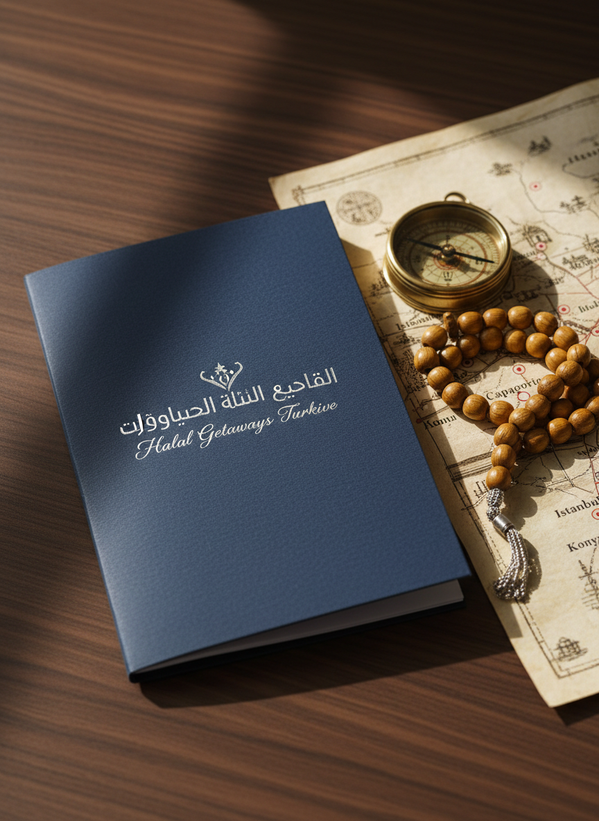 A detailed close-up of a handcrafted itinerary booklet for a luxury halal tour of Türkiye, resting on a dark walnut desk. The cover is made from textured midnight-blue card embossed with elegant silver Arabic calligraphy and the title “Halal Getaways Türkiye”. Beside it lies a vintage brass compass, a slim tasbih of polished olive-wood beads, and a folded map highlighting Istanbul, Cappadocia, Bursa, and Konya. Soft, diffused morning light from an unseen window casts gentle shadows and highlights the paper texture. Shot from a top-down bird’s-eye view with sharp focus throughout, the composition feels curated and organized, suggesting bespoke planning and thoughtful curation, in a clean, cinematic, and sophisticated photographic style.