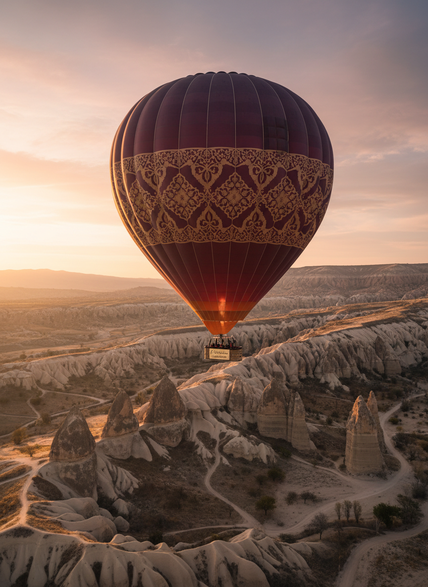A hot air balloon in Cappadocia rendered as a luxurious, halal-friendly private experience without visible passengers. The richly patterned balloon canopy in deep burgundy and gold floats above the honey-colored rock formations and valley at sunrise. Below, the wicker basket has a small, tastefully placed sign that reads “Private Halal Journey”. The landscape is bathed in soft, peach and rose-toned dawn light, with long shadows stretching across the fairy chimneys. Captured from a neighboring balloon’s perspective at a slight diagonal angle, the composition balances the balloon against the sweeping landscape, creating a sense of awe, freedom, and exclusivity in a cinematic, high-contrast yet elegant style.