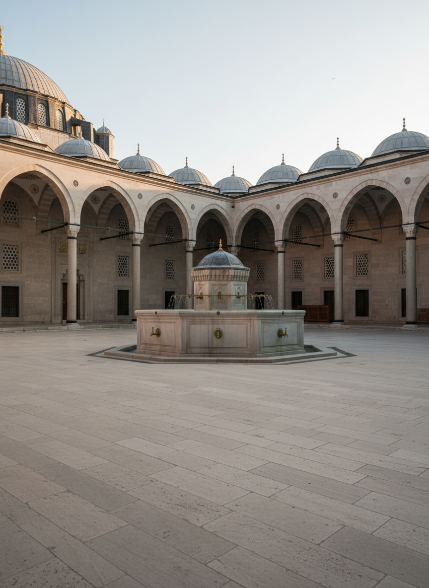 A serene courtyard of a historic Ottoman-era mosque in Türkiye, captured empty to emphasize tranquility and reflection. Smooth pale stone paving leads to an ablution fountain with delicately carved marble basins and brass taps, droplets of water catching the light. Surrounding arcades of slender stone columns frame glimpses of domes and arabesque tilework in deep cobalt and turquoise. Late afternoon sunlight slants in from the right, creating long, soft shadows and a warm golden contour along architectural edges. Shot at eye level with a slightly wide composition following the rule of thirds, the atmosphere is contemplative and respectful, highlighting Islamic heritage in a cinematic, highly realistic style without any people present.