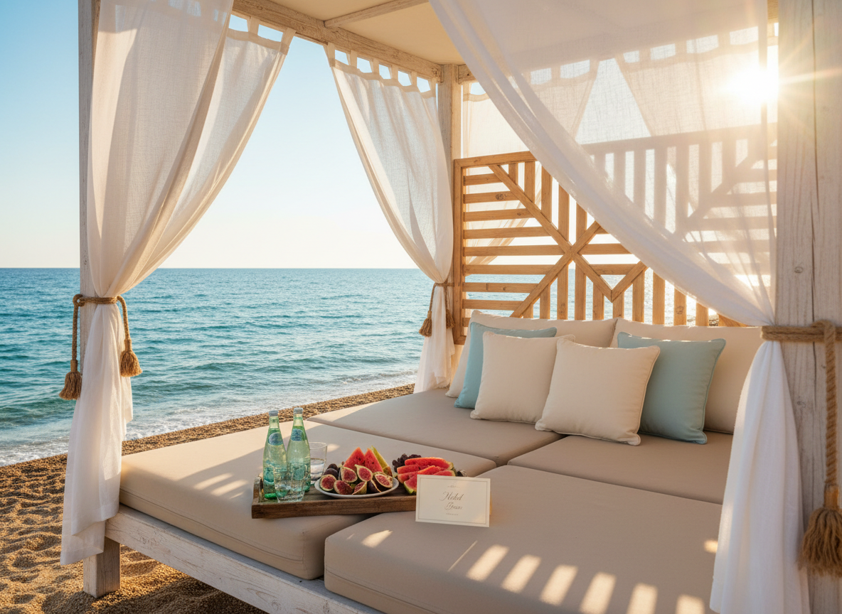 A refined halal-friendly beach cabana on Türkiye’s turquoise coast, presented as a secluded retreat. The cabana is built from pale driftwood with flowing white linen curtains tied back to reveal plush sand-colored daybeds topped with oversized cushions and a modesty screen behind. A low wooden tray holds chilled sparkling water in elegant glass bottles, sliced fruit, and a small card noting “Halal Beach Zone”. The sea beyond glows in gradient tones of aquamarine and deep blue under the soft, warm light of late afternoon. Shot from a low, three-quarter angle with gentle lens flare, the composition feels cinematic, private, and indulgent, with a calm and sophisticated atmosphere.