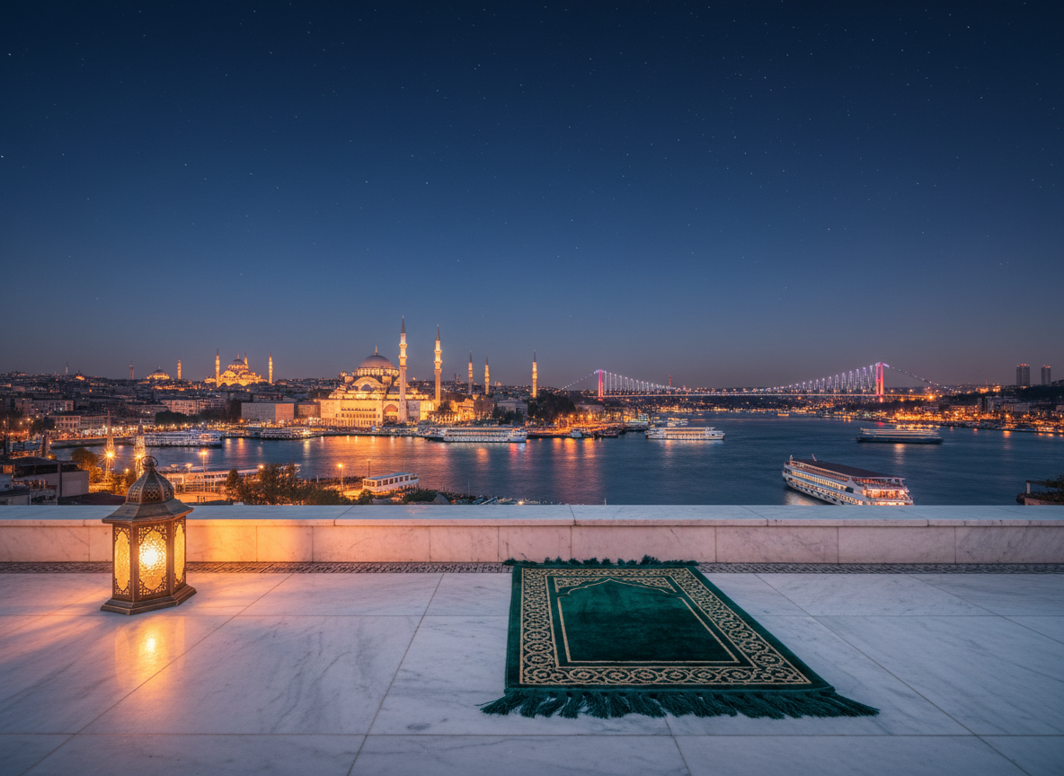 A panoramic night-time view of Istanbul’s skyline featuring illuminated mosques and bridges, emphasizing halal travel ambiance without crowds. The domes and minarets of a grand mosque rise in silhouette against a deep indigo sky, their outlines traced by warm golden lighting. Below, the Bosphorus shimmers with reflections of city lights and softly glowing cruise boats, none detailed enough to reveal people. In the foreground, a polished stone terrace with an ornate metal lantern and an open, unoccupied prayer mat in rich emerald points toward the cityscape. Captured from a slightly elevated vantage point with a wide cinematic frame, the mood is contemplative, majestic, and sophisticated, with crisp detail and subtle haze over distant lights.