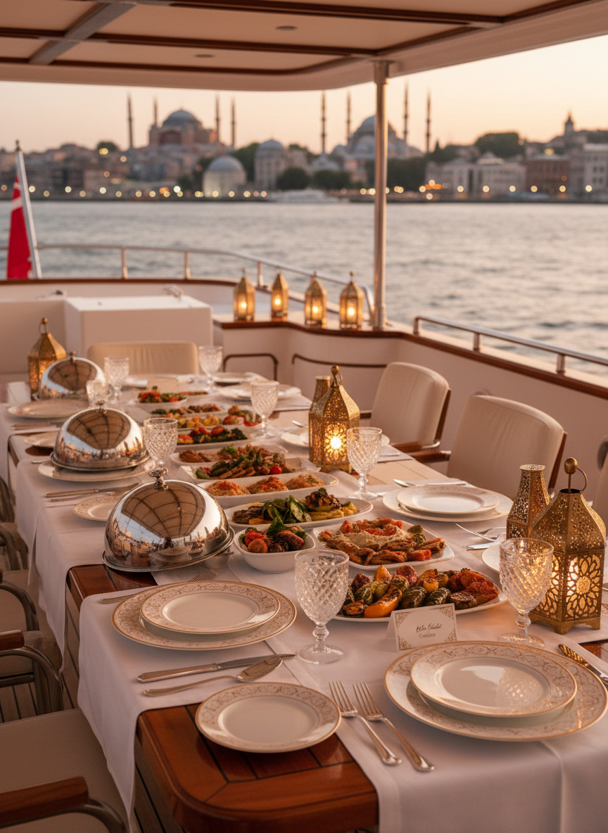 An opulent private dining setup on the deck of a sleek white yacht anchored on the Bosphorus at golden hour, specifically curated for halal fine dining. A long teak table is set with immaculate white linen, gold-rimmed porcelain plates, crystal-clear water goblets, and covered silver cloches revealing artfully plated seafood-free Turkish mezze and grilled vegetables. A small discrete card reads “100% Halal Certified”. Soft lanterns with intricate Islamic geometric patterns cast delicate shadows across the deck. The water shimmers with reflected city lights in the background. Captured at eye level with a shallow depth of field, the mood is intimate, exclusive, and cinematic, with warm, romantic lighting washing over the scene.